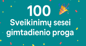 Šviesus vaizdas su dideliu skaičiumi „100“ ir šventiniu popieriaus konfeti, simbolizuojantis šventę ir pasiekimus.