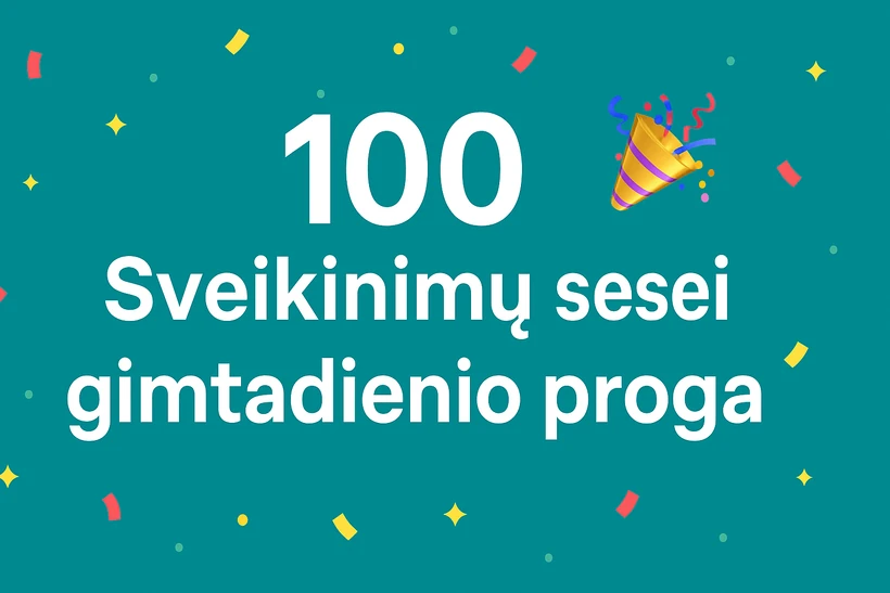 Šviesus vaizdas su dideliu skaičiumi „100“ ir šventiniu popieriaus konfeti, simbolizuojantis šventę ir pasiekimus.