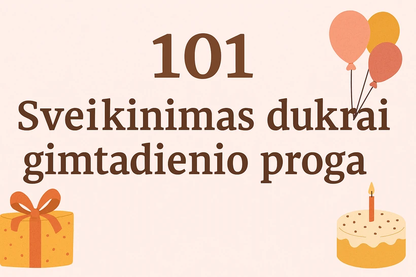 Kuinto sveikinimas gimtadienio proga su rūpestingais žodžiais ir dekoratyviomis dovanomis, balionais bei tortu. Vaizdas skirtas švęsti gimtadienio progą ir naudotis renginių organizavimo temomis.
