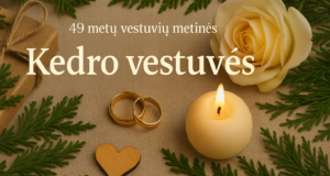 Žalias vestuvių žolės, žvakė, vestuviniai žiedai ir dovanėlės, dekoratyvinėje montavimo nuotraukoje, kuri simbolizuoja vestuvių šventės detales.